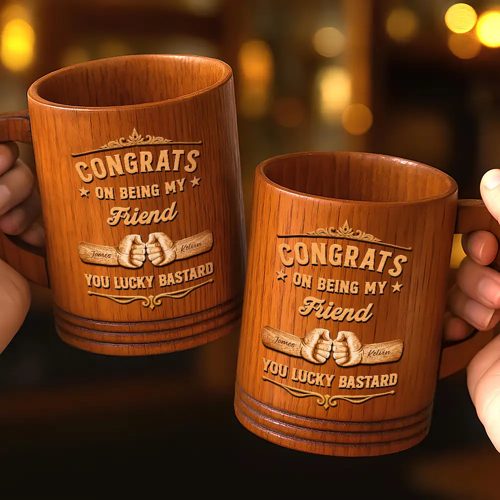 Gift For Brothers, Gift For Bestie, Happy - Congrats On Being My Brother Wood Carving Hand Punch - Personalized Wooden Mug
