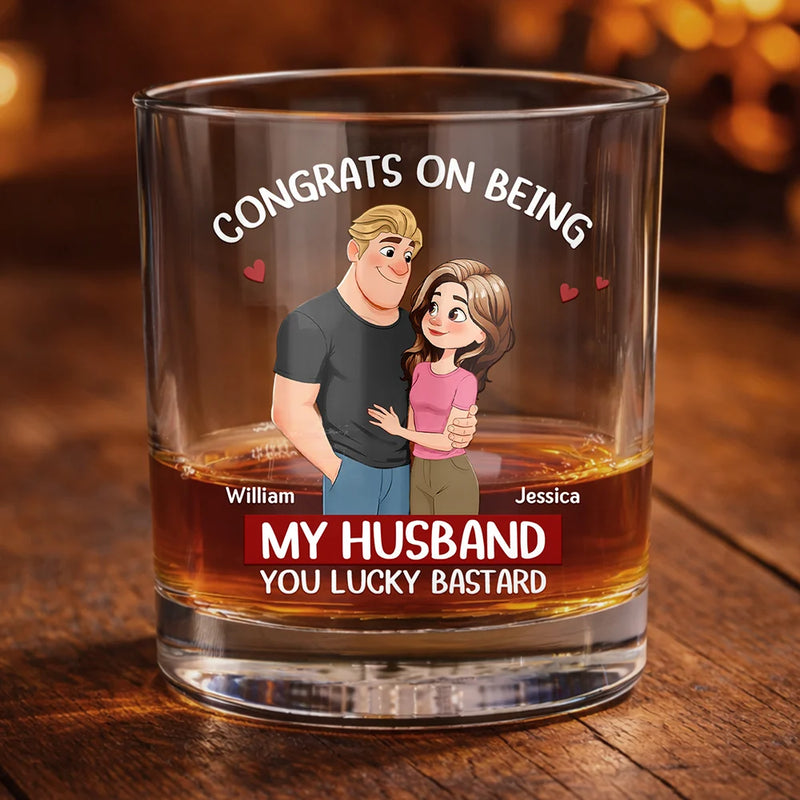 Gift For Couples, Old Couples, Funny, Gift For Husband, Gift For Wife - Congrats On Being My Husband Animate Hugging Couple - Personalized Whiskey Glass