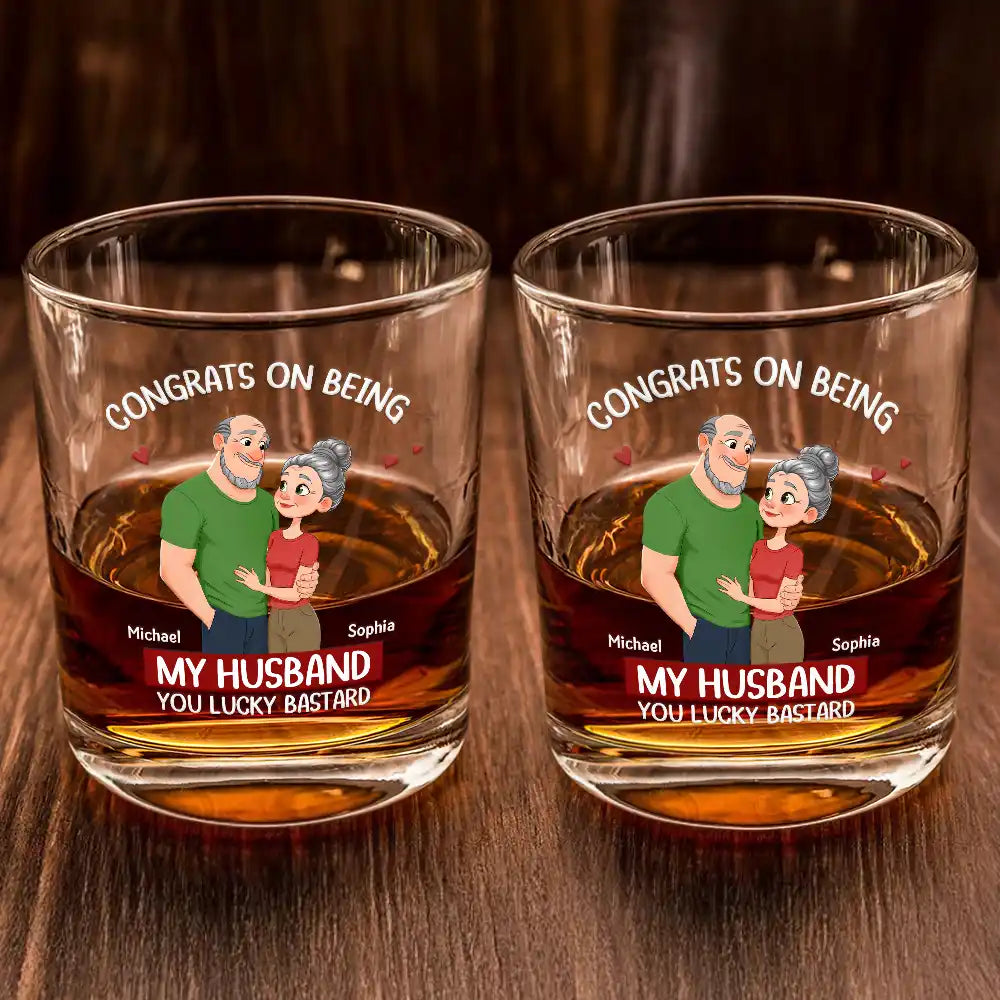 Gift For Couples, Old Couples, Funny, Gift For Husband, Gift For Wife - Congrats On Being My Husband Animate Hugging Couple - Personalized Whiskey Glass