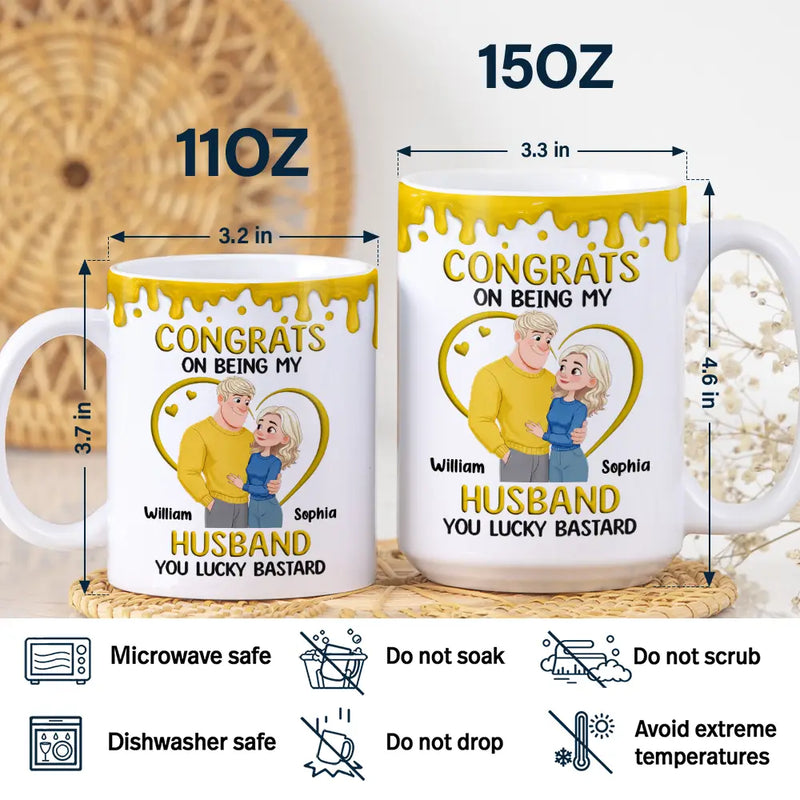 Gift For Couples,Old Couples,Funny,Gift For Husband,Gift For Wife - Congrats On Being My Husband Animate Hugging Couple - Personalized White Edge-to-Edge Mug