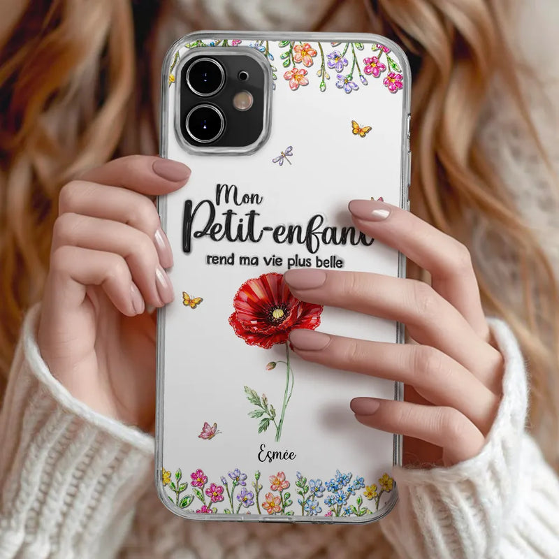 Gift For Wife,Gift For Yourself,Gift For Women,Gift For Mother,Gift For Grandma,Love,French - Fleurs De Naissance Mes Petits-Enfants - Impression Effet 3D Gonflé - Coque Transparente Personnalisée