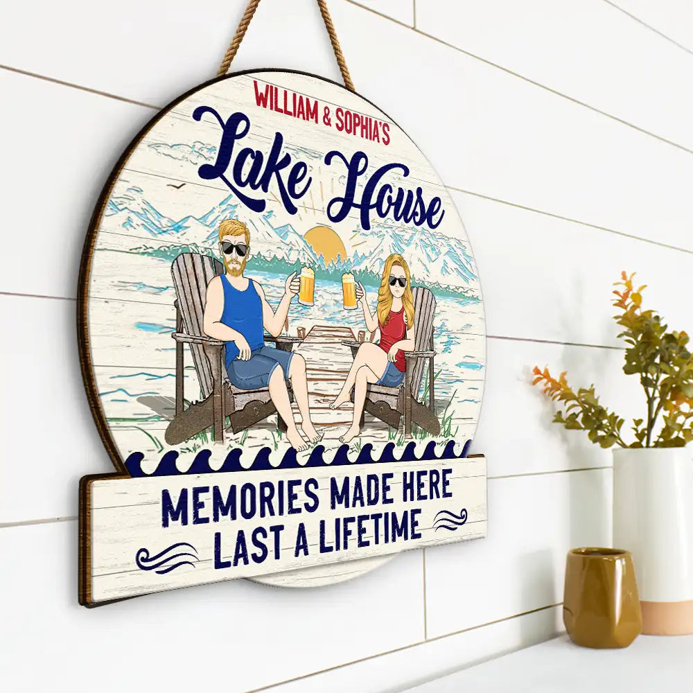 Gift For Couples, Gift For Husband, Gift For Wife, Lake, Happy - Couple Lake House Memories Made Here - Personalized Custom Shaped Wood Sign