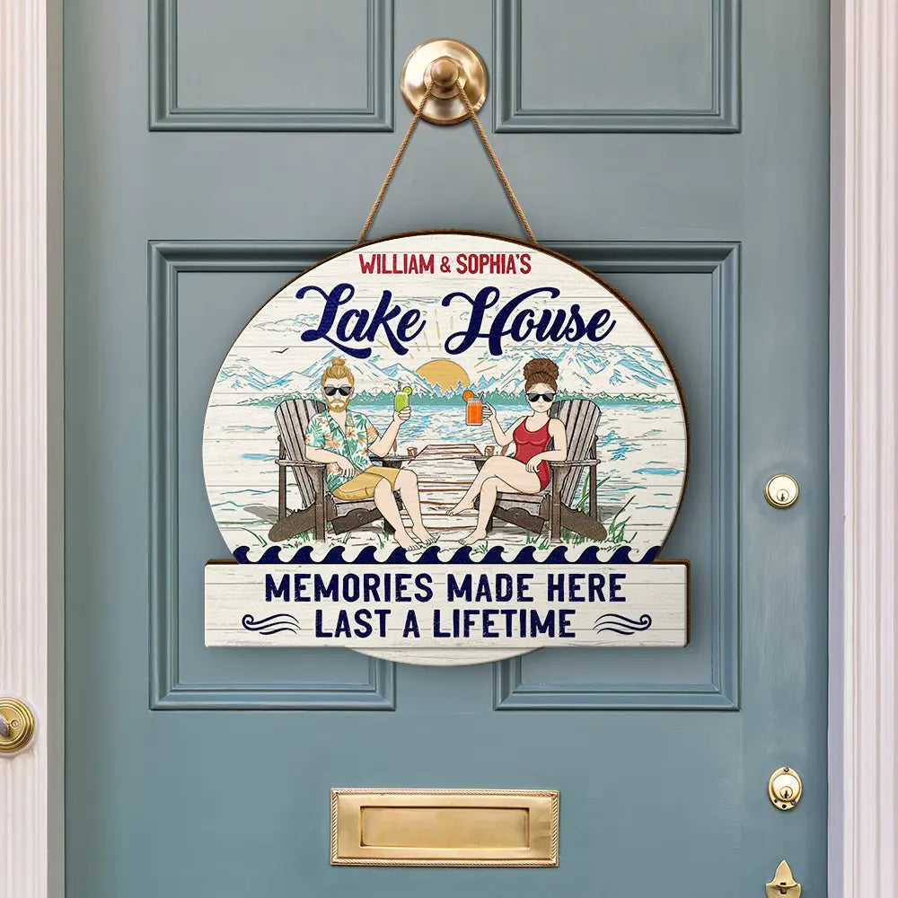 Gift For Couples, Gift For Husband, Gift For Wife, Lake, Happy - Couple Lake House Memories Made Here - Personalized Custom Shaped Wood Sign