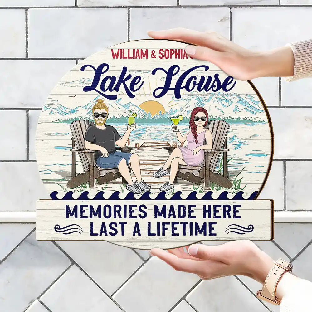 Gift For Couples, Gift For Husband, Gift For Wife, Lake, Happy - Couple Lake House Memories Made Here - Personalized Custom Shaped Wood Sign