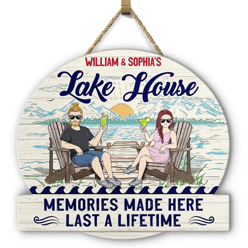 Gift For Couples, Gift For Husband, Gift For Wife, Lake, Happy - Couple Lake House Memories Made Here - Personalized Custom Shaped Wood Sign
