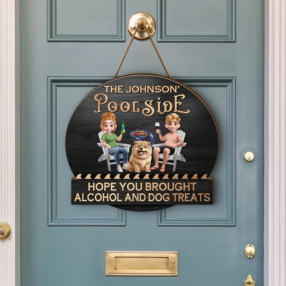 Gift For Couples, Pet Couple, Pet Lovers, Patio, Poolside - Couple 3D Effect Pool & Patio Bar Hope You Brought Alcohol & Dog Treats - Personalized Custom Shaped Wood Sign