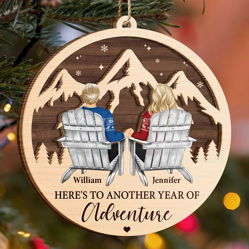 Couple Adventure Here's To Another Year Of Adventure - Personalized 2-Layered Wooden Ornament