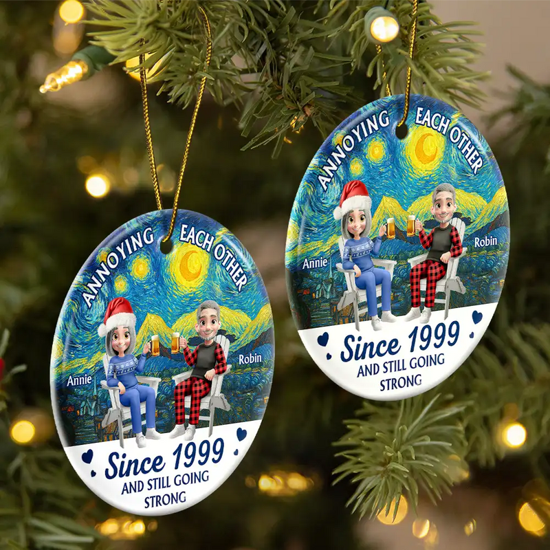 Christmas,Gift For Couples,Gift For Husband,Gift For Wife,Gift For Boyfriend,Gift For Girlfriend,Happy - Couple Annoying Each Other Since - Personalized Circle Ceramic Ornament