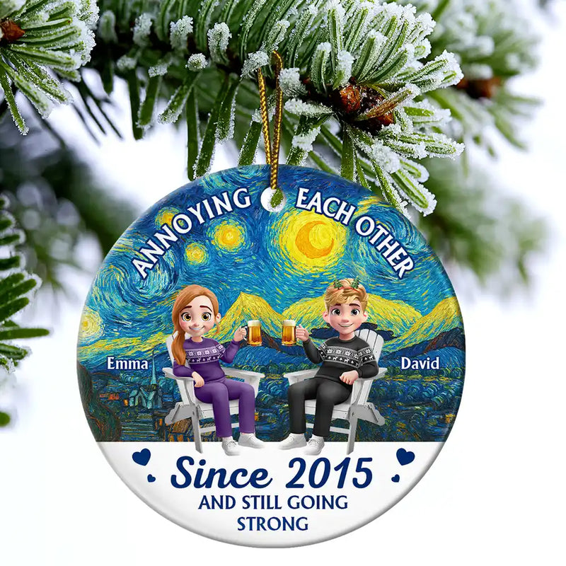 Christmas,Gift For Couples,Gift For Husband,Gift For Wife,Gift For Boyfriend,Gift For Girlfriend,Happy - Couple Annoying Each Other Since - Personalized Circle Ceramic Ornament