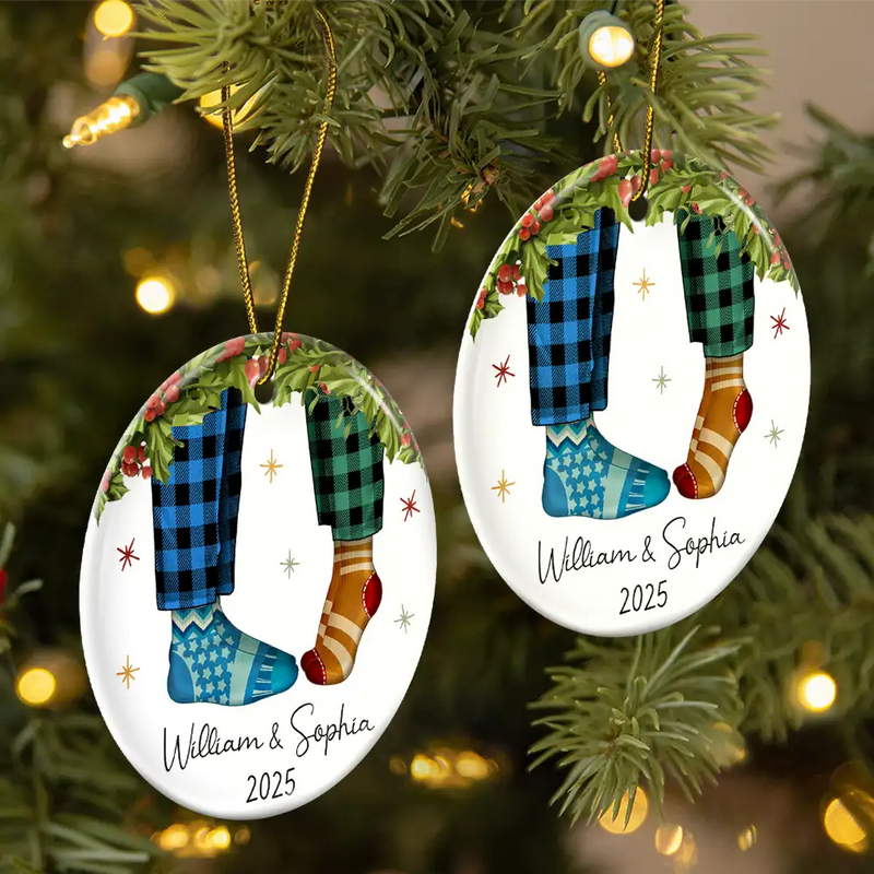 Couple Christmas Socks - Personalized Circle Ceramic Ornament