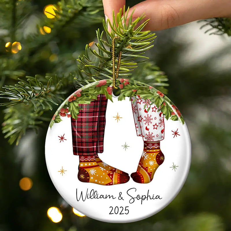 Couple Christmas Socks - Personalized Circle Ceramic Ornament