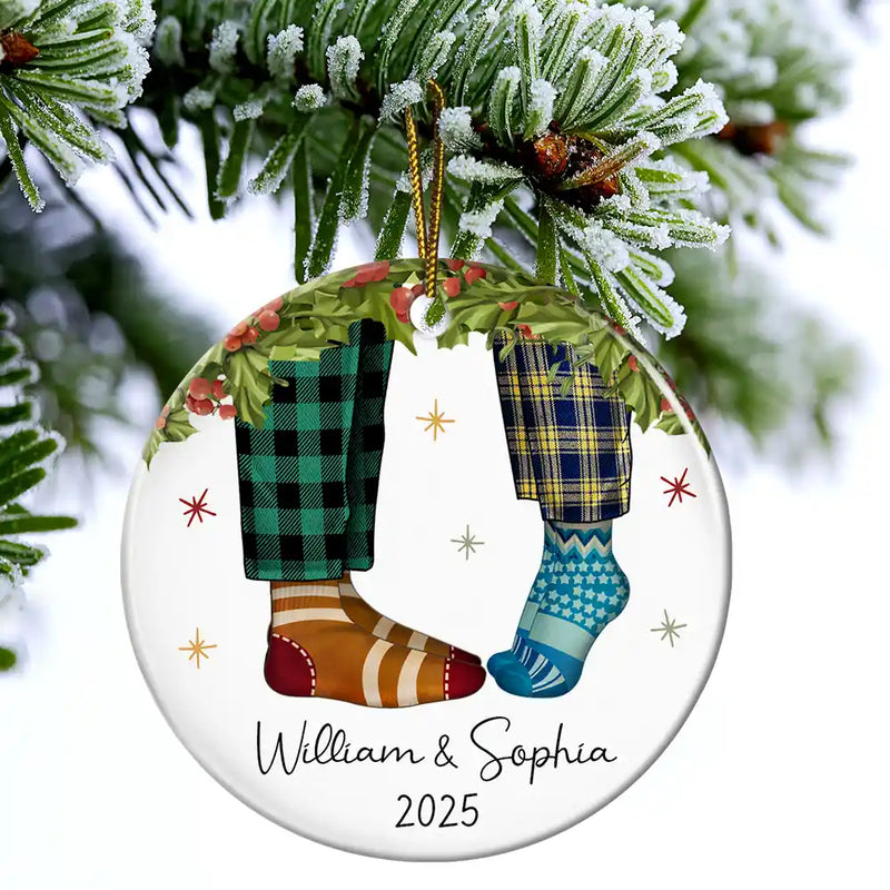Couple Christmas Socks - Personalized Circle Ceramic Ornament