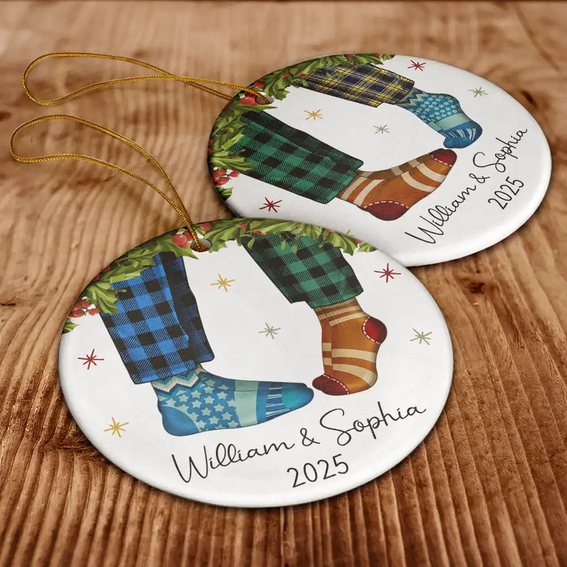 Love, Christmas, Gift For Wife, Gift For Husband, Gift For Couples - Couple Christmas Socks - Personalized Circle Ceramic Ornament