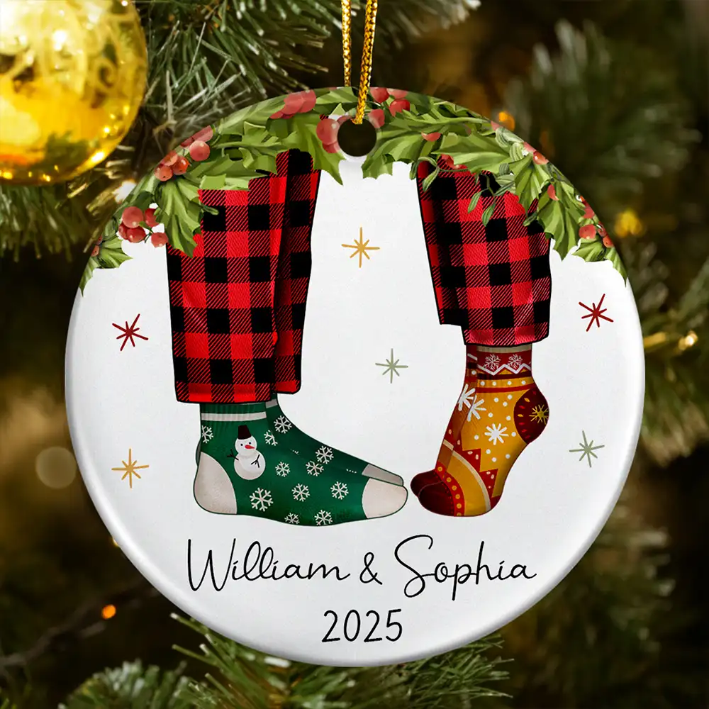 Love, Christmas, Gift For Wife, Gift For Husband, Gift For Couples - Couple Christmas Socks - Personalized Circle Ceramic Ornament