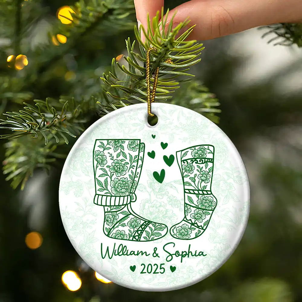 Love,Christmas,Gift For Wife,Gift For Husband,Gift For Couples - Couple Christmas Socks Toile - Personalized Circle Ceramic Ornament
