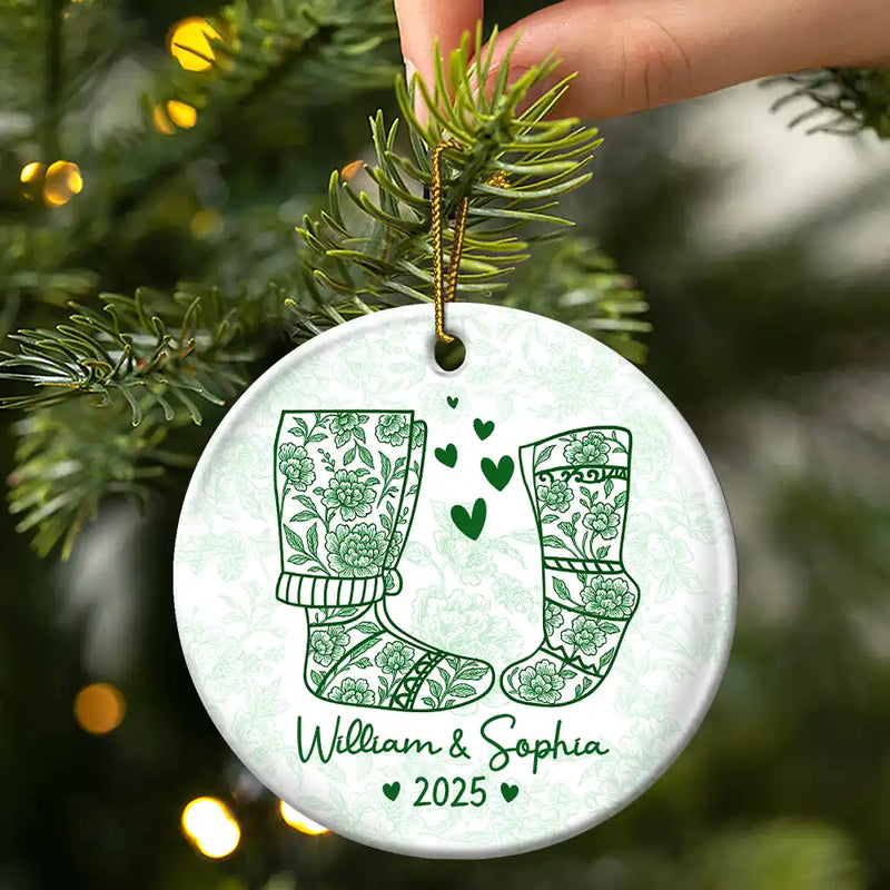 Love,Christmas,Gift For Wife,Gift For Husband,Gift For Couples - Couple Christmas Socks Toile - Personalized Circle Ceramic Ornament