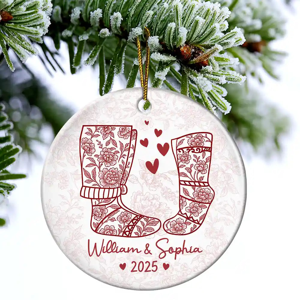 Love,Christmas,Gift For Wife,Gift For Husband,Gift For Couples - Couple Christmas Socks Toile - Personalized Circle Ceramic Ornament