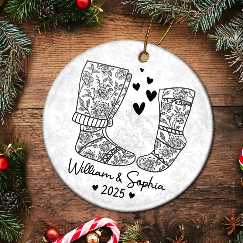 Love,Christmas,Gift For Wife,Gift For Husband,Gift For Couples - Couple Christmas Socks Toile - Personalized Circle Ceramic Ornament