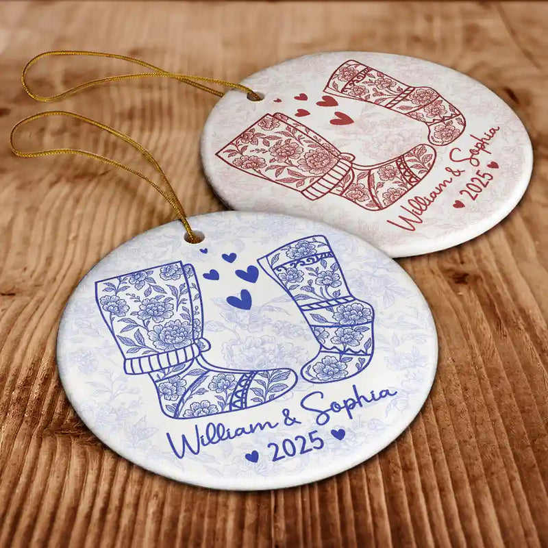 Love,Christmas,Gift For Wife,Gift For Husband,Gift For Couples - Couple Christmas Socks Toile - Personalized Circle Ceramic Ornament