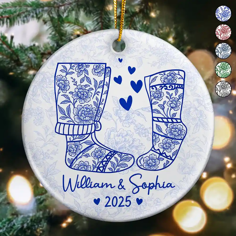 Love,Christmas,Gift For Wife,Gift For Husband,Gift For Couples - Couple Christmas Socks Toile - Personalized Circle Ceramic Ornament