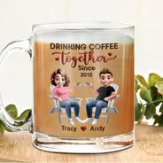 Love, Gift For Couples, Gift For Husband, Gift For Wife, Gift For Boyfriend, Gift For Girlfriend, Old Couples - Couple Drinking Coffee Together - Personalized Glass Mug