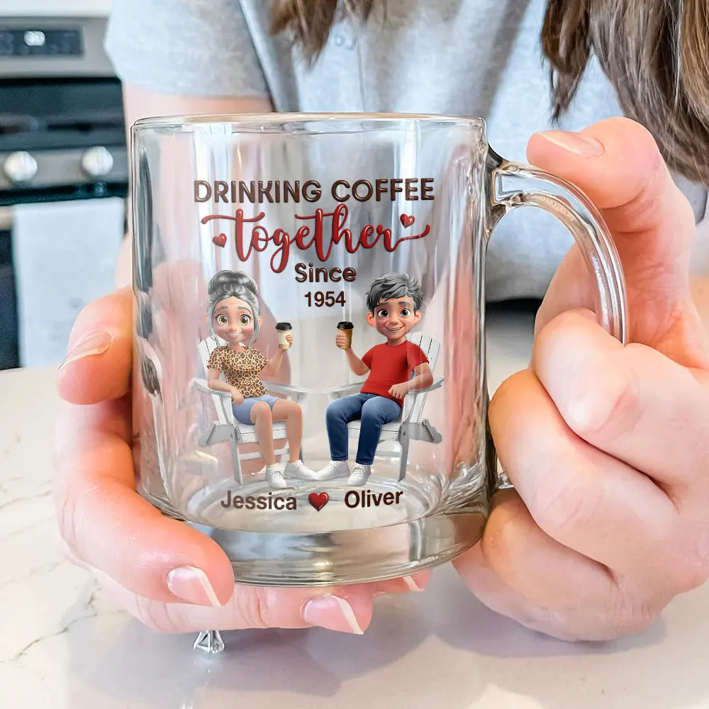 Love, Gift For Couples, Gift For Husband, Gift For Wife, Gift For Boyfriend, Gift For Girlfriend, Old Couples - Couple Drinking Coffee Together - Personalized Glass Mug