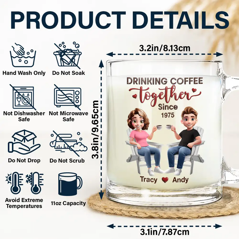 Love, Gift For Couples, Gift For Husband, Gift For Wife, Gift For Boyfriend, Gift For Girlfriend, Old Couples - Couple Drinking Coffee Together - Personalized Glass Mug