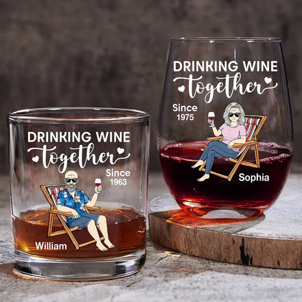 Couple Drinking Wine Together - Personalized Combo Wine & Whiskey Glass