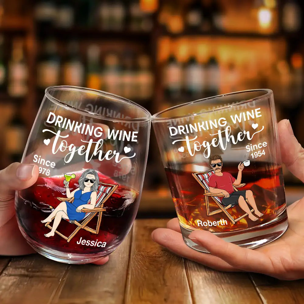 Love, Gift For Couples, Gift For Husband, Gift For Wife, Gift For Boyfriend, Gift For Girlfriend, Old Couples - Couple Drinking Wine Together - Personalized Combo Wine & Whiskey Glass
