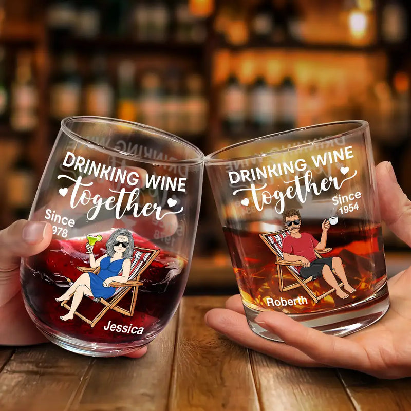 Love, Gift For Couples, Gift For Husband, Gift For Wife, Gift For Boyfriend, Gift For Girlfriend, Old Couples - Couple Drinking Wine Together - Personalized Combo Wine & Whiskey Glass