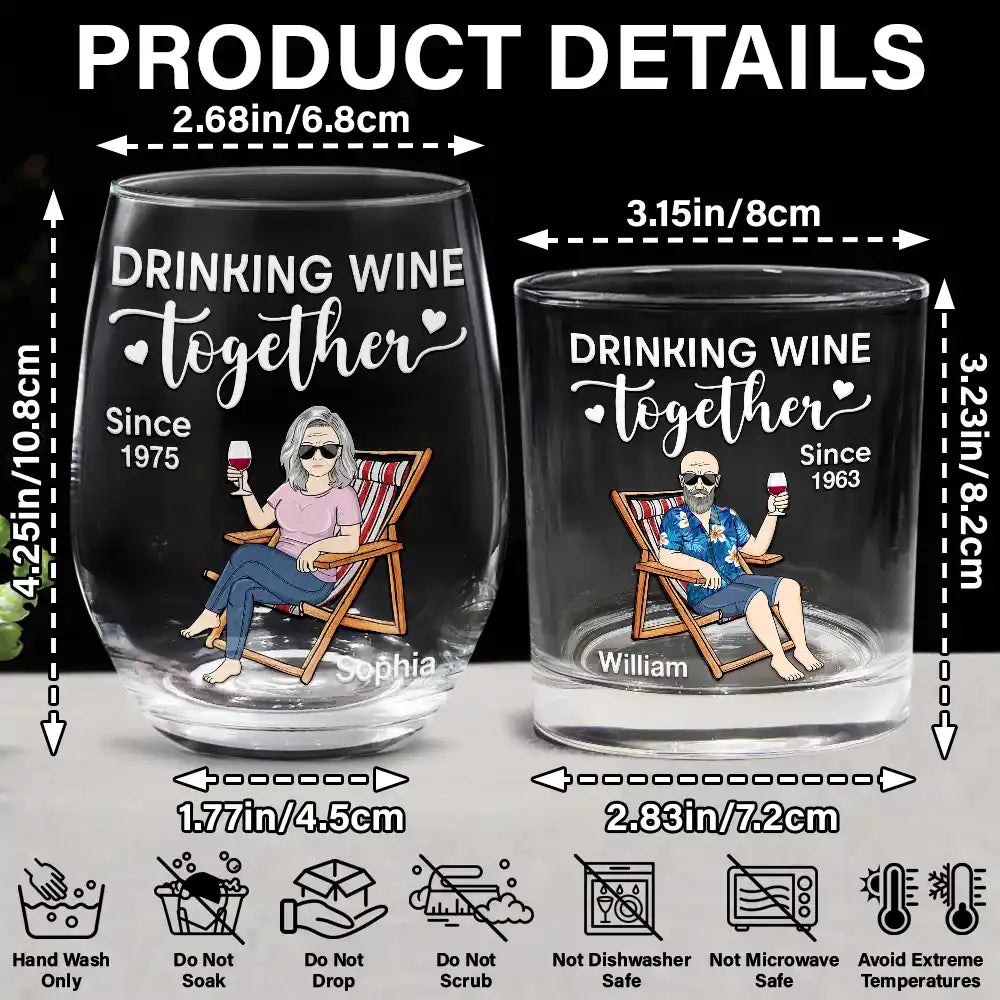 Love, Gift For Couples, Gift For Husband, Gift For Wife, Gift For Boyfriend, Gift For Girlfriend, Old Couples - Couple Drinking Wine Together - Personalized Combo Wine & Whiskey Glass