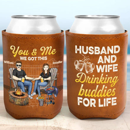 Couple Grilling Drinking Husband And Wife Drinking Buddies For Life - Personalized Leather Can Cooler