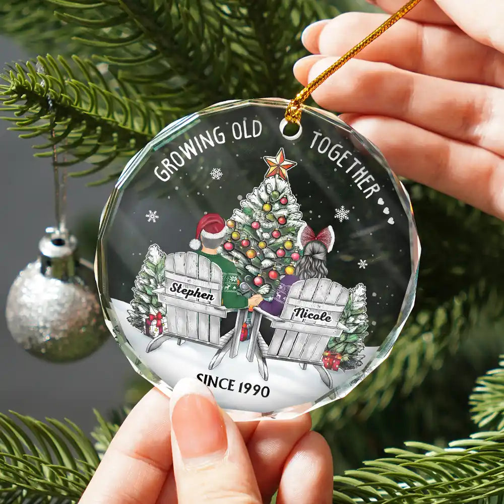 Christmas,Gift For Couples,Old Couples,Gift For Husband,Gift For Wife,Happy - Couple Growing Old Together Since - Personalized Circle Glass Ornament