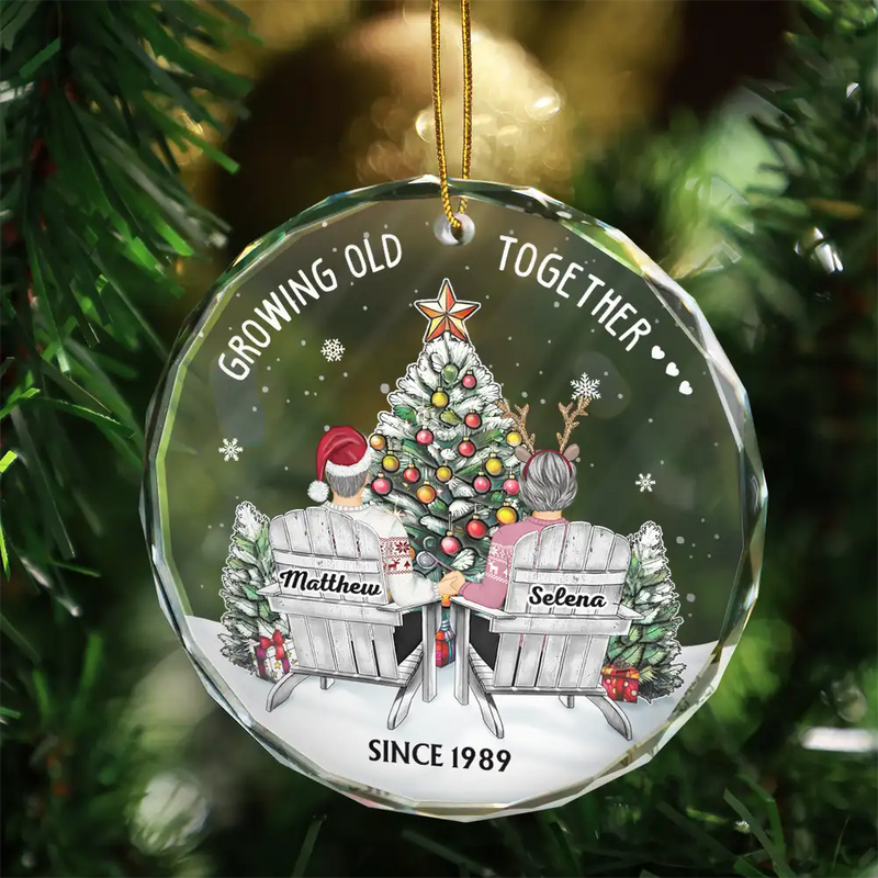 Christmas,Gift For Couples,Old Couples,Gift For Husband,Gift For Wife,Happy - Couple Growing Old Together Since - Personalized Circle Glass Ornament