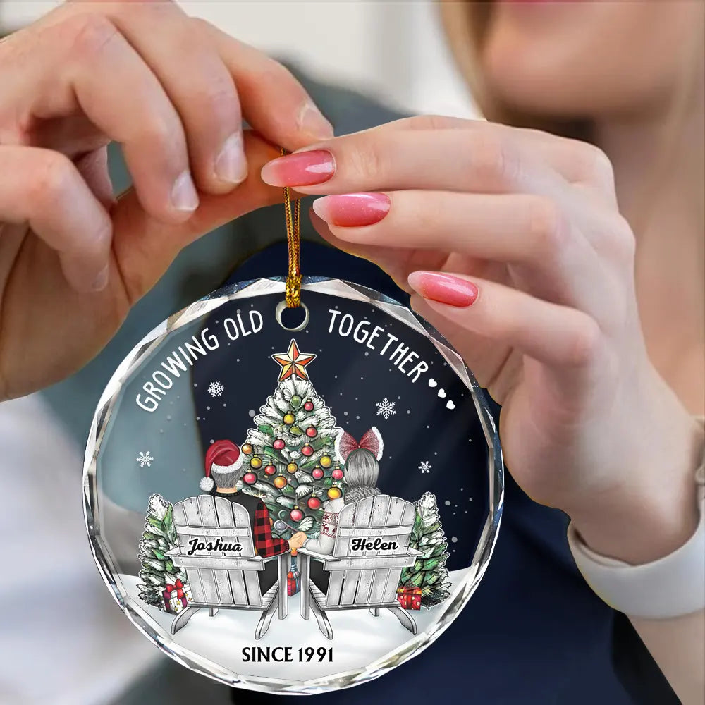 Christmas,Gift For Couples,Old Couples,Gift For Husband,Gift For Wife,Happy - Couple Growing Old Together Since - Personalized Circle Glass Ornament