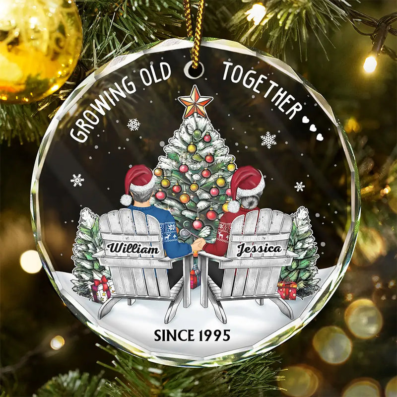 Christmas,Gift For Couples,Old Couples,Gift For Husband,Gift For Wife,Happy - Couple Growing Old Together Since - Personalized Circle Glass Ornament