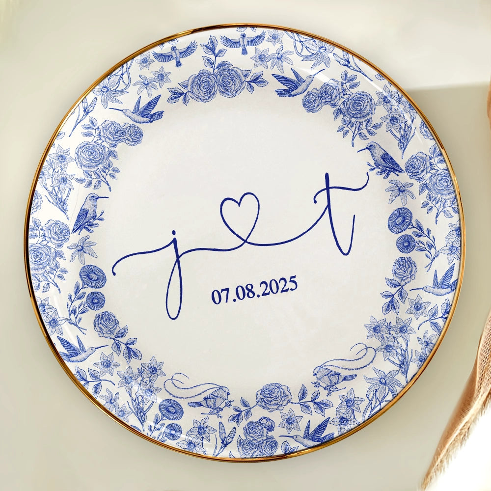Couple Initial Names Engaged Married Toile De Jouy Pattern - Personalized Round Ring Dish