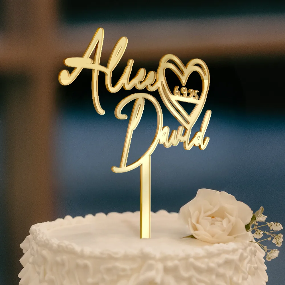 Wedding Anniversary, Gift For Couples, Gift For Husband, Gift For Wife, Gift For Boyfriend, Gift For Girlfriend, Happy - Couple Name With Heart Anniversary Wedding Date - Personalized Cake Topper