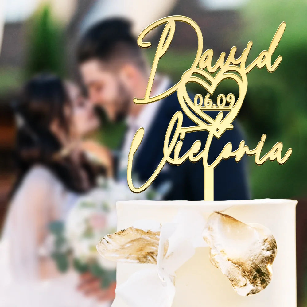 Wedding Anniversary, Gift For Couples, Gift For Husband, Gift For Wife, Gift For Boyfriend, Gift For Girlfriend, Happy - Couple Name With Heart Anniversary Wedding Date - Personalized Cake Topper