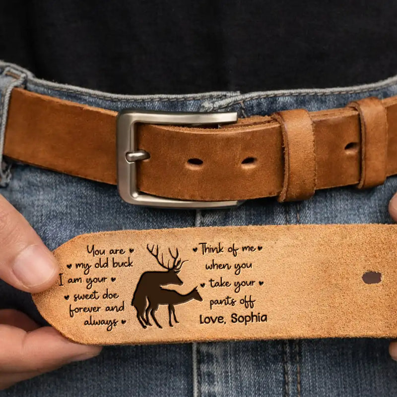 Gift For Couples, Gift For Husband, Gift For Boyfriend, Funny - Couple Old Buck Sweet Doe - Personalized Cowhide Leather Belt
