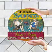 Gift For Couples,Gift For Husband,Gift For Wife,Gift For Boyfriend,Gift For Girlfriend,Patio,Poolside - Couple Pool & Patio Sipping Chilling - Personalized Custom Shaped Wood Sign
