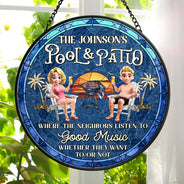 Gift For Couples,Gift For Husband,Gift For Wife,Patio,Poolside,Happy - Couple Pool & Patio Sipping Chilling - Personalized Stained Glass Window Hanging Suncatcher