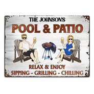 Gift For Couples,Gift For Husband,Gift For Wife,Gift For Boyfriend,Gift For Girlfriend,Patio,Poolside - Couple Pool & Patio Sipping Chilling - Personalized Classic Metal Signs