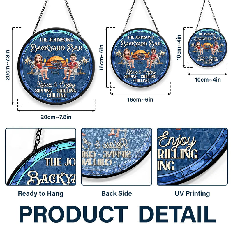 Gift For Couples,Gift For Husband,Gift For Wife,Patio,Poolside,Happy - Couple Pool & Patio Sipping Chilling - Personalized Stained Glass Window Hanging Suncatcher