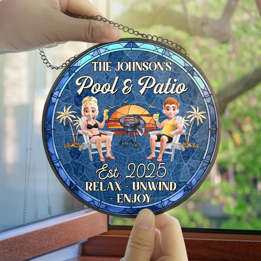 Gift For Couples,Gift For Husband,Gift For Wife,Patio,Poolside,Happy - Couple Pool & Patio Sipping Chilling - Personalized Stained Glass Window Hanging Suncatcher