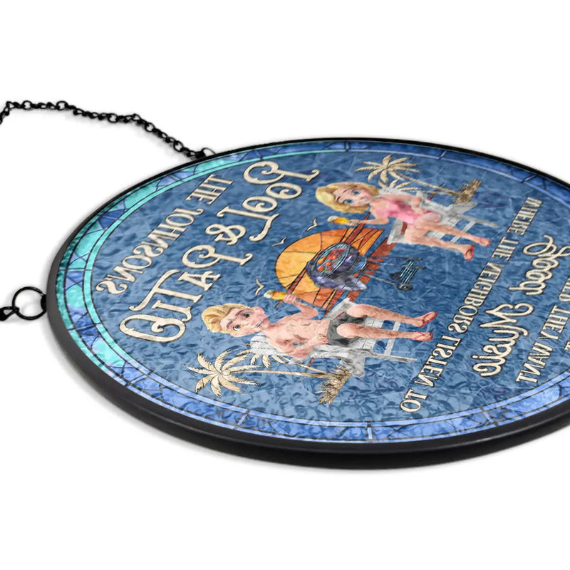 Gift For Couples,Gift For Husband,Gift For Wife,Patio,Poolside,Happy - Couple Pool & Patio Sipping Chilling - Personalized Stained Glass Window Hanging Suncatcher
