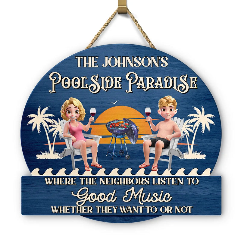 Gift For Couples,Gift For Husband,Gift For Wife,Gift For Boyfriend,Gift For Girlfriend,Patio,Poolside - Couple Poolside Paradise Relax Enjoy 3D Effect - Personalized Custom Shaped Wood Sign