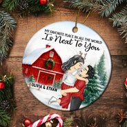 Christmas, Gift For Couples, Gift For Husband, Gift For Wife, Gift For Boyfriend, Happy - Couple Red Barn You & Me We Got This - Personalized Circle Ceramic Ornament