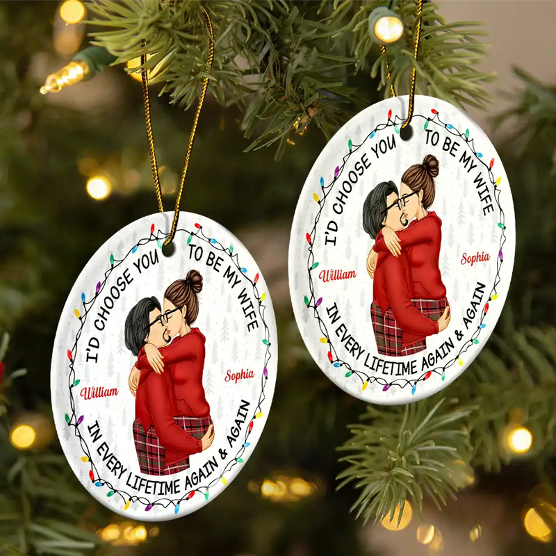 Christmas, Gift For Couples, Gift For Husband, Gift For Wife, Gift For Boyfriend, Gift For Girlfriend, Happy - Couple Side View I'd Choose You - Personalized Circle Ceramic Ornament