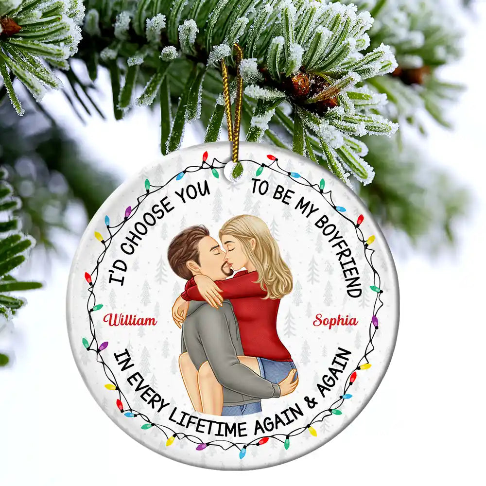 Christmas, Gift For Couples, Gift For Husband, Gift For Wife, Gift For Boyfriend, Gift For Girlfriend, Happy - Couple Side View I'd Choose You - Personalized Circle Ceramic Ornament